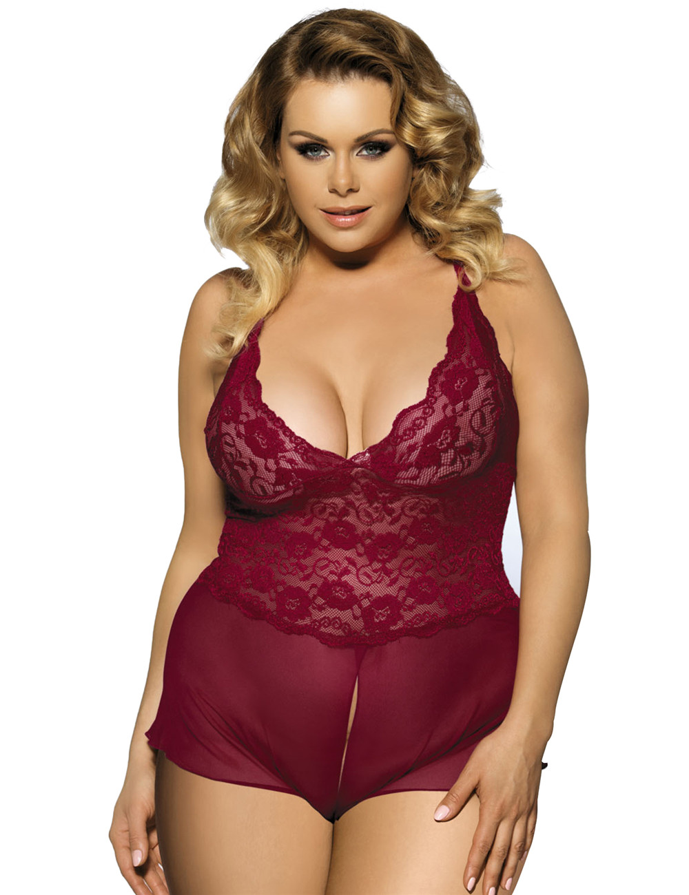 Wine Red Halter Lace Plus Size Teddy Lingerie Wholesale