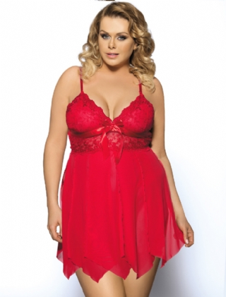 Red Flirty Lace and Microfiber Plus Size Babydoll