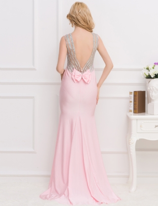 Pink Open Back Golden Strap Ruffle Evening Dress