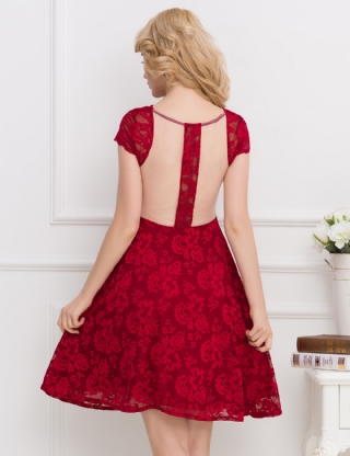 Lace Elegant Round Neck Red Bodycon Dress