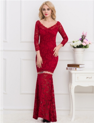 Red Lace Long Maxi Dress with Sleeves