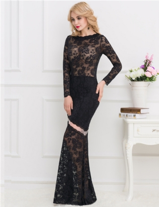 Black Lace Long Sleeve Sheer Maxi Formal Dress