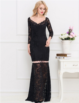 Black Lace Long Maxi Dress with Sleeves