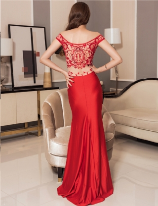 Red Gorgeous Off Shoulder Embroidery Evening Dress