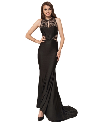 Embroidery High Neck Keyhole Backless Black Party Gown