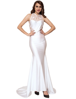 Embroidery Sleeveless High Neck Backless White Party Gown