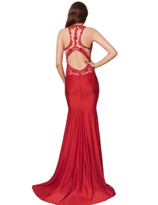 High Neck Red Embroidery Flower Backless Party Dress