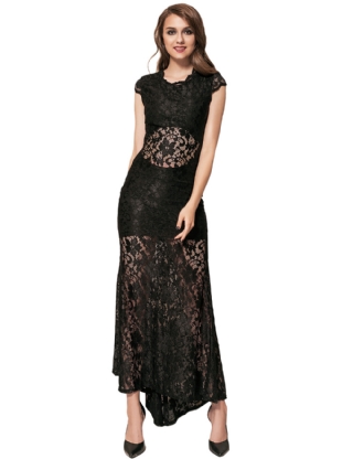 Short Sleeve Black Lace Backless Party Gown