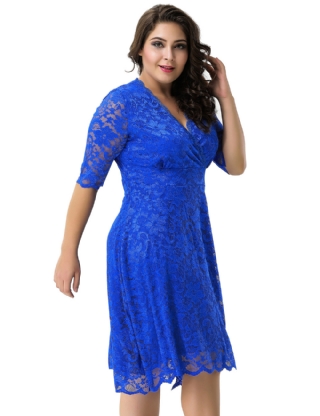 Plus Size Blue Lace V Neck Dress