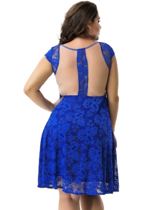 Plus Size Ocean Blue Round Neck Lace Bodycon Dress