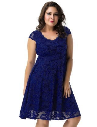 Plus Size Lace Round Neck Elegant Blue Bodycon Dress