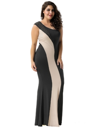 Plus Size Black And Nude One Shoulder Maxi Dress