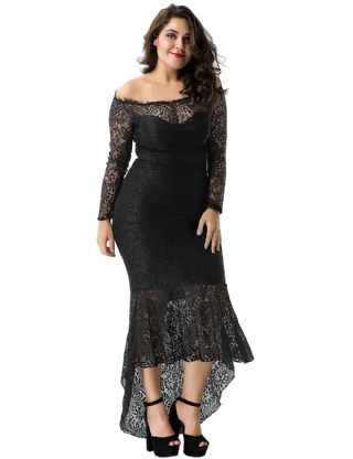 Plus Size Black Delicate Floral Lace Low Hem Evening Dress