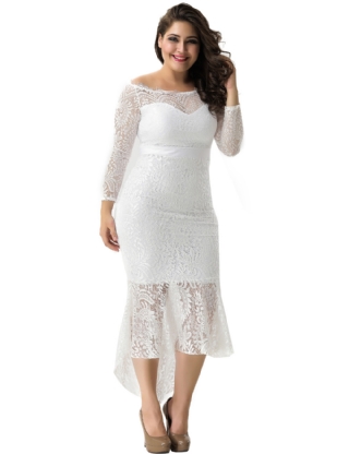 Plus Size Elegant Lace Hi-low White Evening Dress