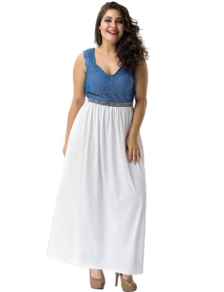 Plus Size Amazing Blue Lace Overlay Evening Gown