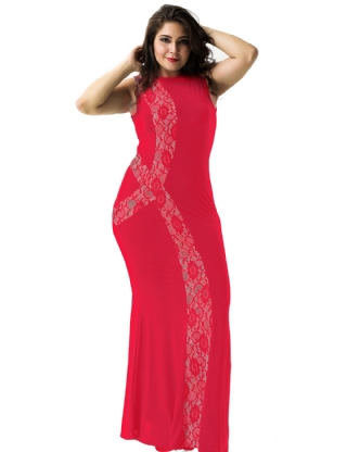 Plus Size Red Lace Panel V-Neck Maxi Dress