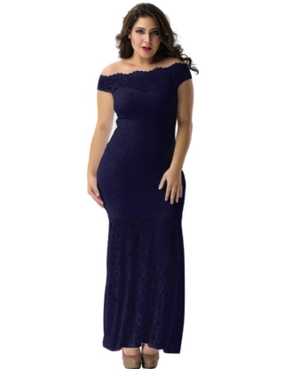 Plus Size Dark Blue Lace Elegant Party Gown