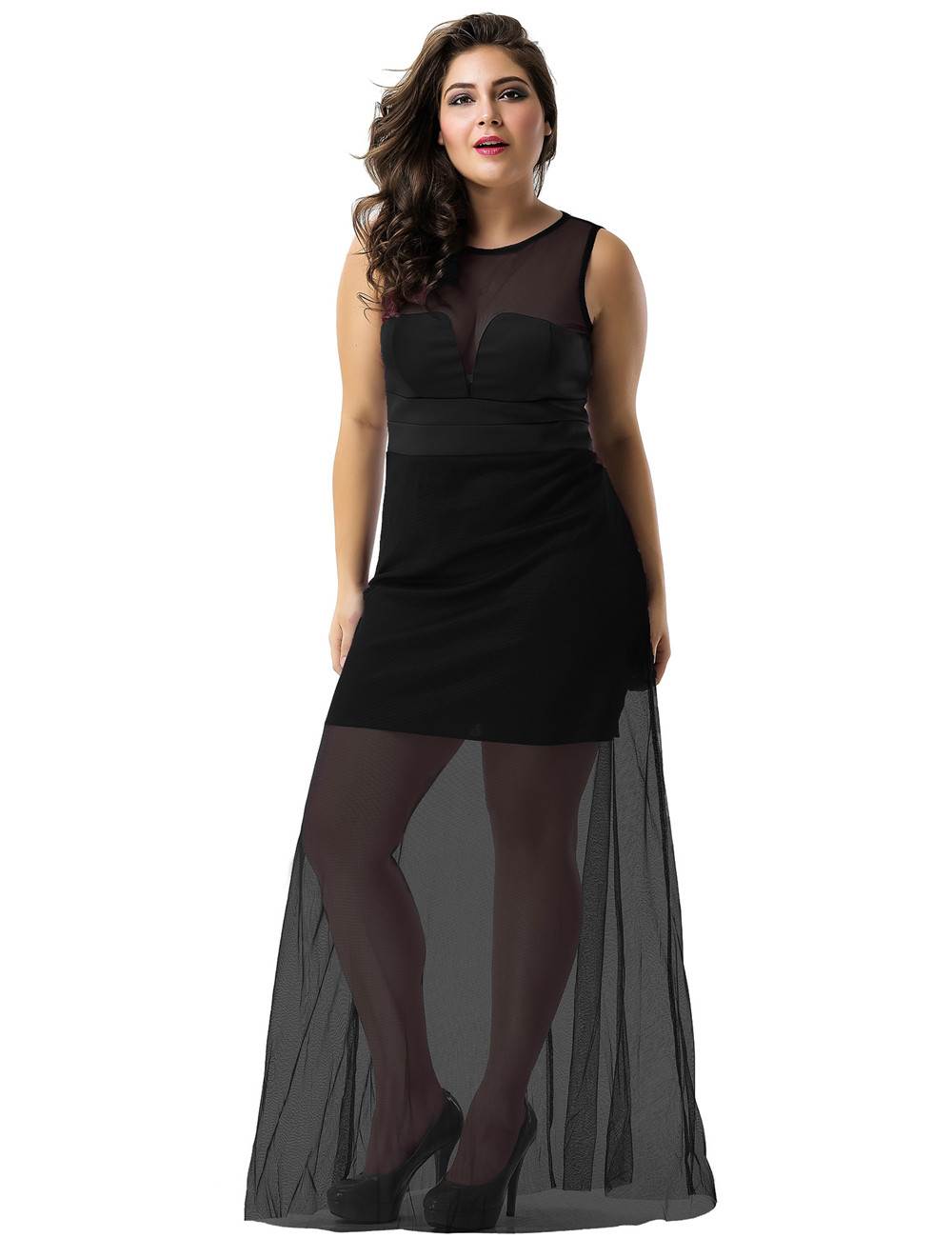 Hot Sale Black Sleeveless Short Dress with Floor Length Sheer Overlay ...