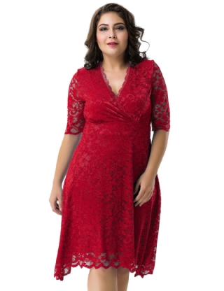 Plus Size Red Lace V Neck Dress