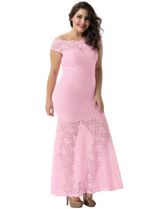 Plus Size Pink Lace Elegant Party Gown