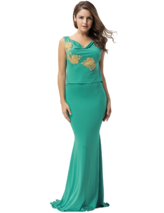 Green Elegant Embroidery Backless Sleeveless Party Gown