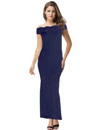 Dark Blue Lace Elegant Fishtail Party Gown For Women