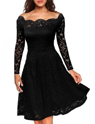 Long Sleeve Fashion Black Lace Midi Dress