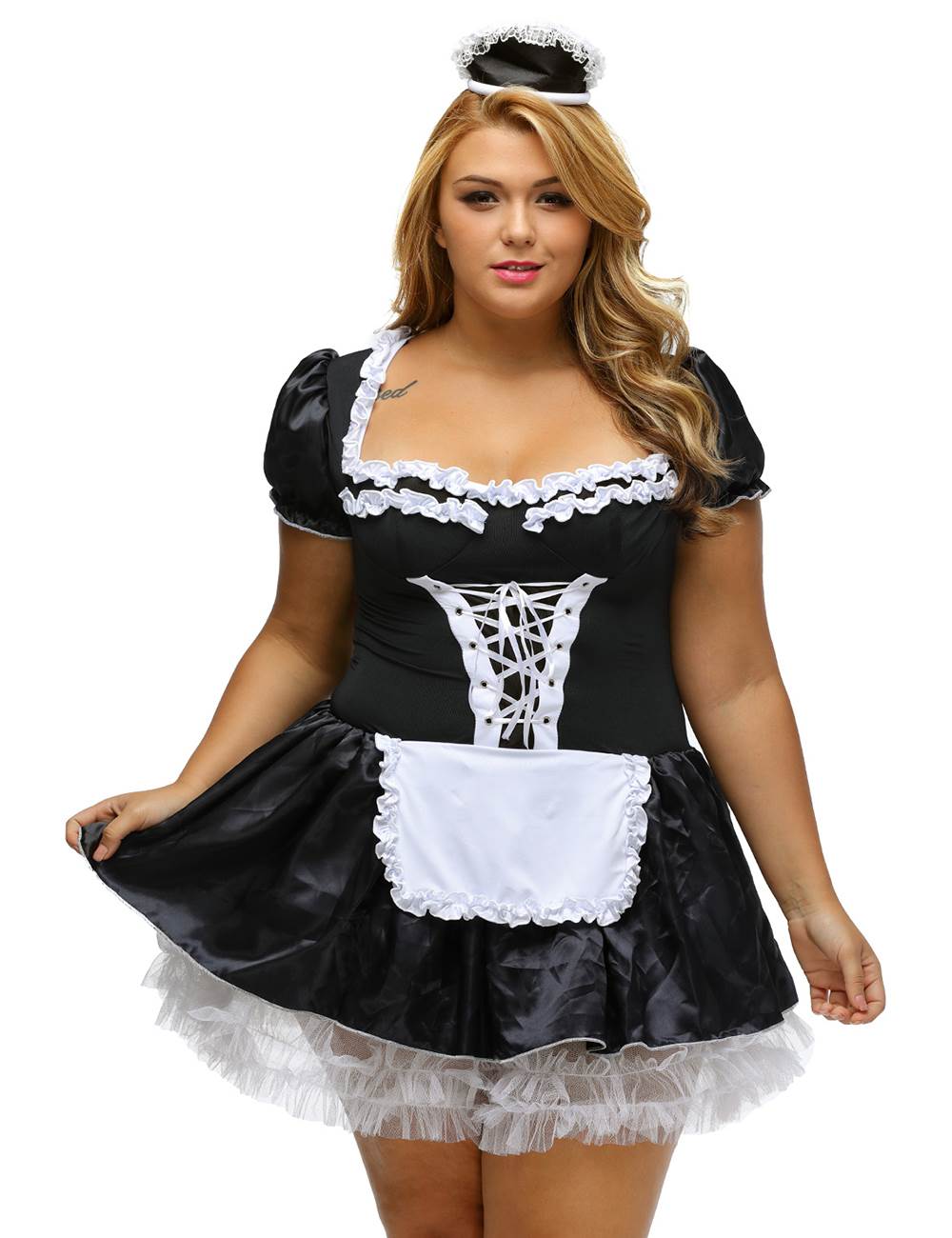 Plus Size Halloween Satin French Maid Adult Uniform Fancy Dress Costume ...