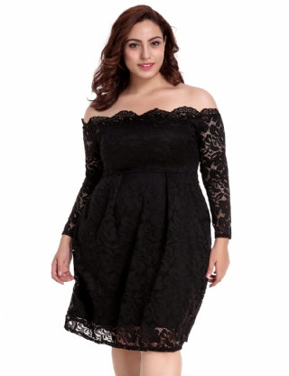 Plus Size Black Lace Long Sleeve Off Shoulder Dress