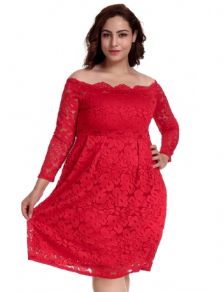 Plus Size Long Sleeve Fashion Red Lace Midi Dress