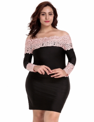 Plus Size Long Sleeve Off Shoulder Fashion Lace Dress with Pink Flower