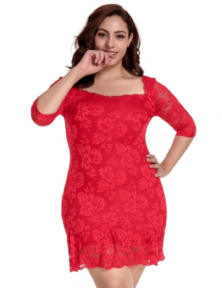 Plus Size Red Short Sleeve Round Neck Lace Bodycon Dress
