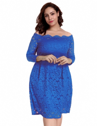 Plus Size Blue Lace Long Sleeve  Fashion Dress