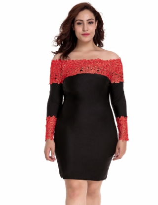 Long Sleeve Off Shoulder Fashion Lace Dress with Red Flower