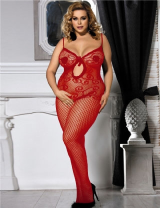 Plus Size Sexy Red Crocheted Fishnet Bodystockings