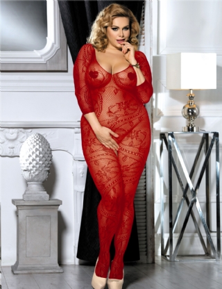 Plus Size Crotchless Floral Fishnet Red Bodystockings