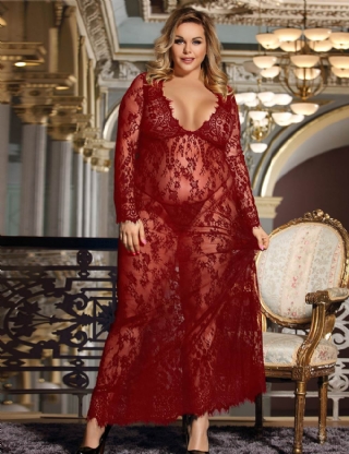 Sexy Red See-through V Neck Long Plus Size Nightdress With Thong