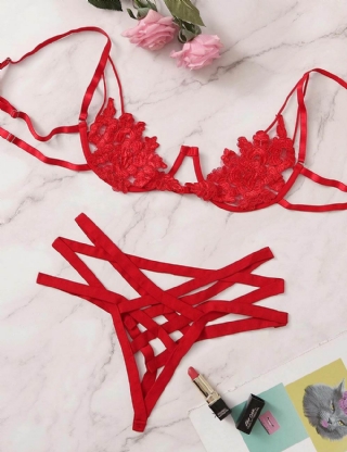 Red Elegant Embroidery Fashion Bra Set With Underwire