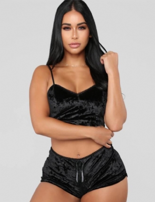 Black Ladies Sexy Velvet Pajamas 2-piece Set Open Back Sleeveless Top + Shorts 