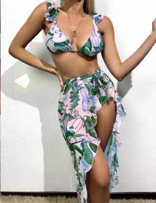 3pack Leaf Print Bikini Swimsuit & Cover Up