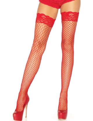 Red Fishnets Thigh High stockings Silicone Lace Top Stay Up Sheer Nylon Hosiery