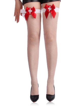 Sexy White Mesh Bow Tie Nurse Long Stockings
