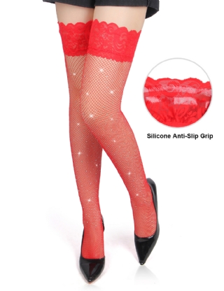 Red Sexy Lace Rhinestone Fishnet Stockings With Silicone