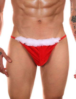 Red Sexy Velvet White Feather Christmas Men Thong Underwear