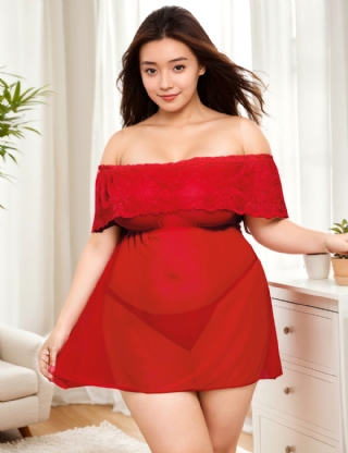 Plus Size Valentine‘s Day Style Red Off-Shoulder Lace Sexy Babydoll