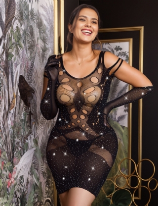 Black Sexy Sparkle Glitter Rhinestone Fishnet Hollow Bodystocking