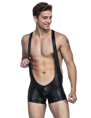 Black Sexy PU Leather Men Bodysuit Underwear