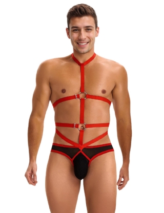 Red Men Sexy Harness Halter Bodysuit