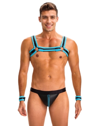 Blue Men Sexy PU Leather Harness Zipper Underwear Set