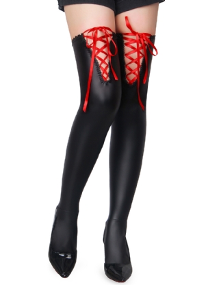 Black Sexy PU Leather Stockings With Red Cross Straps